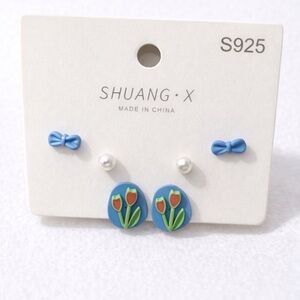 SHUANG X Stud Earrings Set Flower Bow Pearl S925 Cute‎ Fashion Jewelry